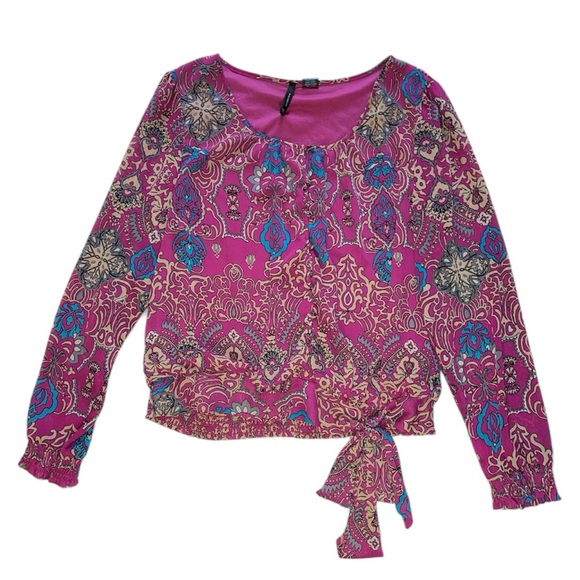 new directions Tops - New Directions Patterned Pink and Blue Tie Detail Top